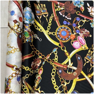 新品真丝弹力缎布料宽幅爱马珠宝链条数码印花衬衣连衣裙绸缎面料