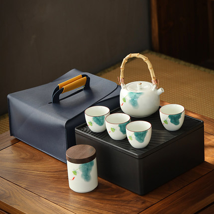 昶玖手绘粉青旅行茶具便携式收纳包一壶四杯户外泡茶壶简约干泡盘
