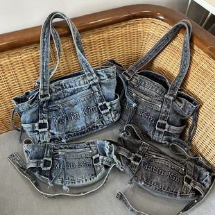 韩国水洗复古月牙牛角饺子包松河同款 托特牛仔包甜酷大容量丹宁包