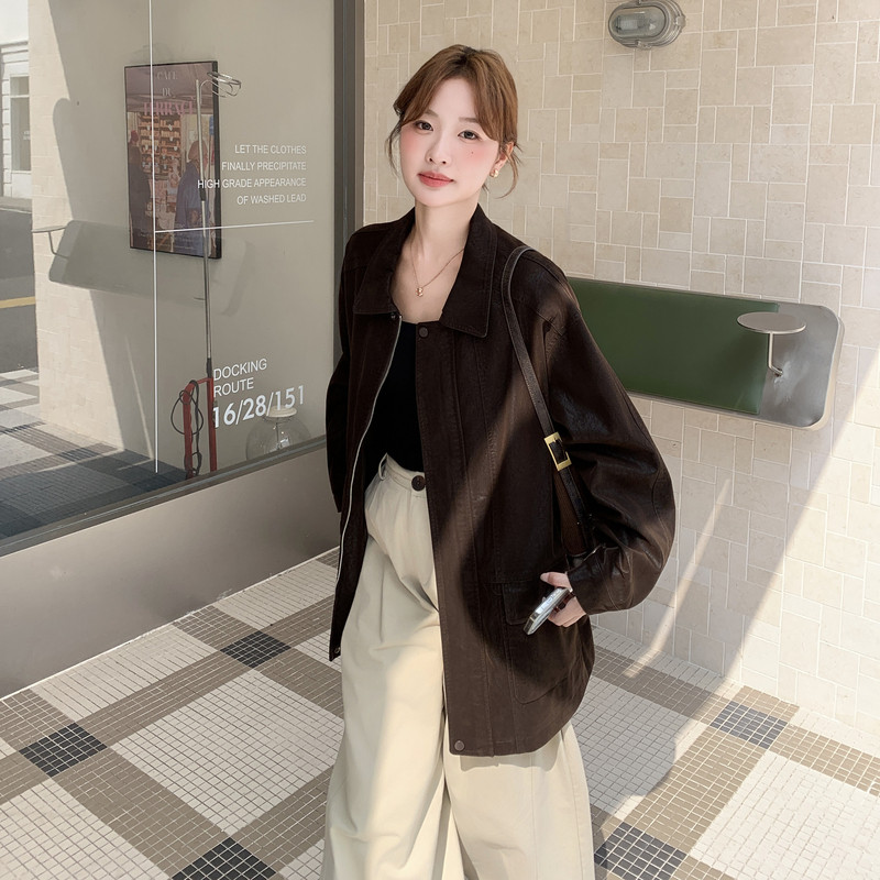 咖色高级感PU皮衣外套女2025秋季新款美拉德穿搭气质宽松翻领夹克,女装短外套,浙宝131
