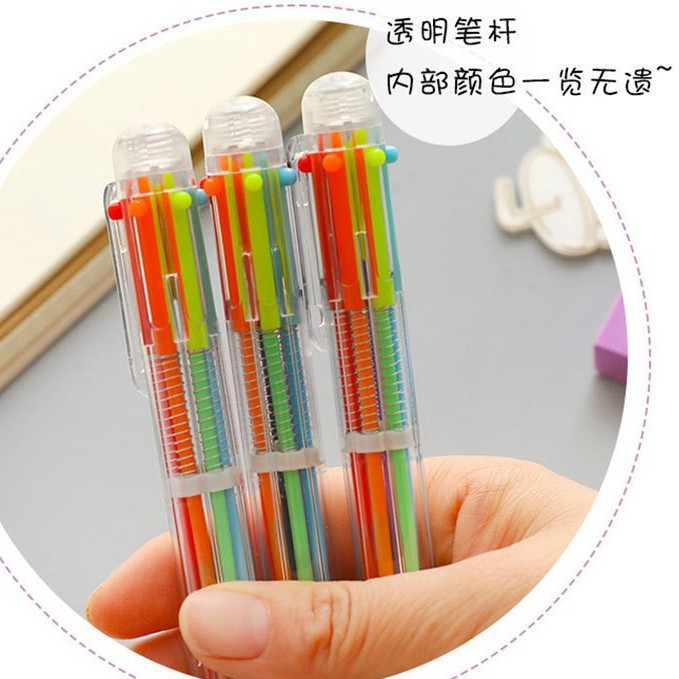 校园采购价创意透明6色圆珠笔可爱按动彩色多色多功能绘画油笔学