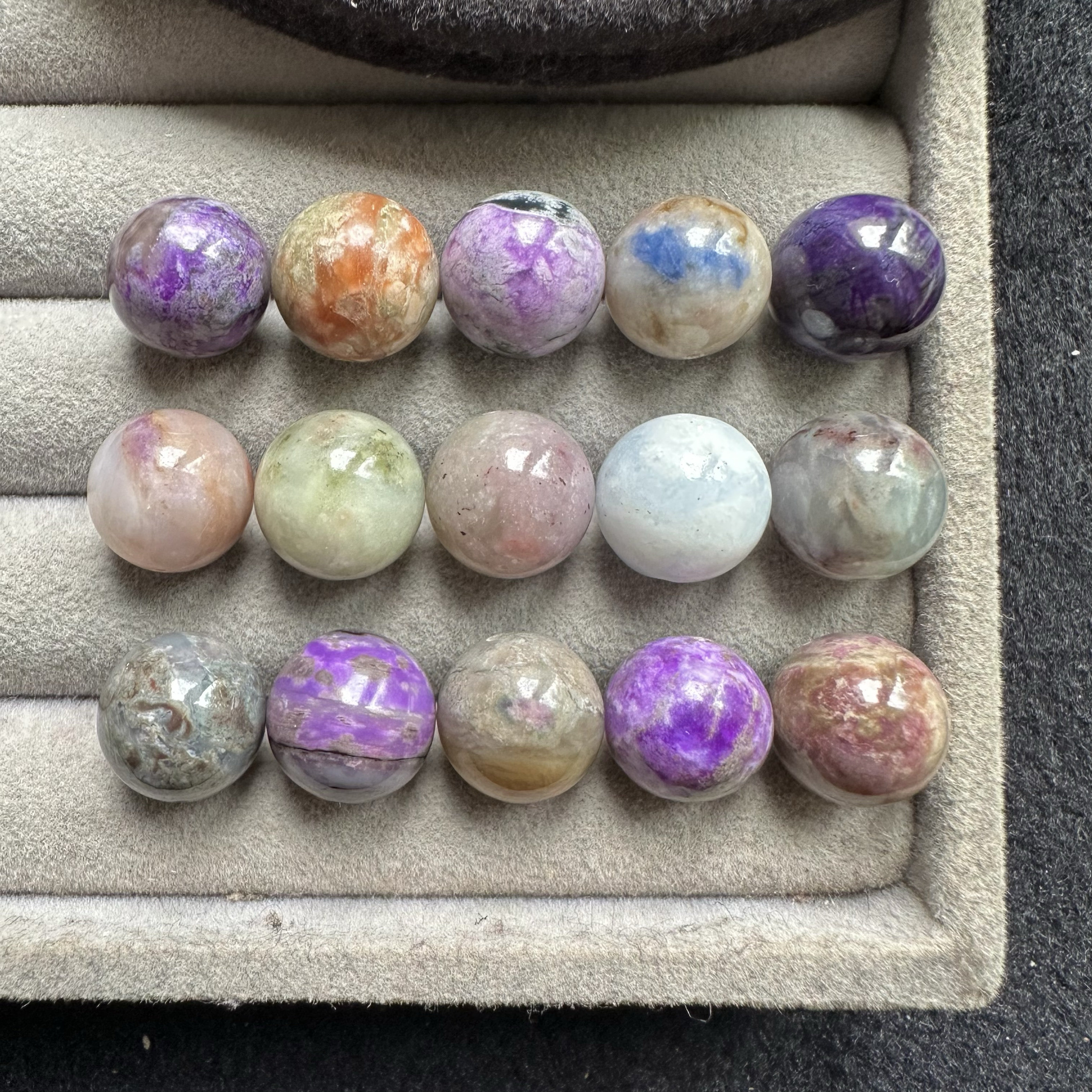 醒走 12-12.5mm天然舒俱来老料冰透玉化紫樱花蛋花黄绿橘蓝圆珠子