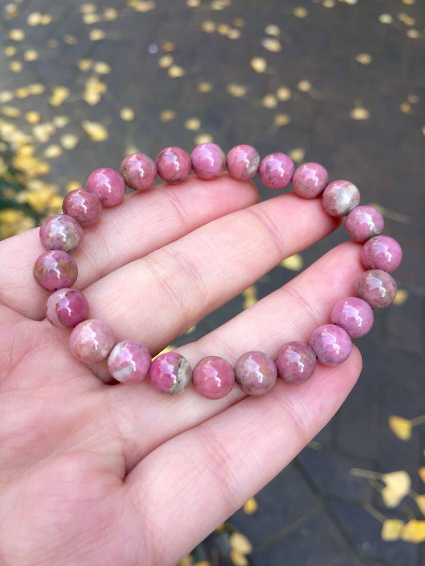 醒走 天然美国料蔷薇辉老料樱花粉红手串蔷薇石手链8mm 油润老矿