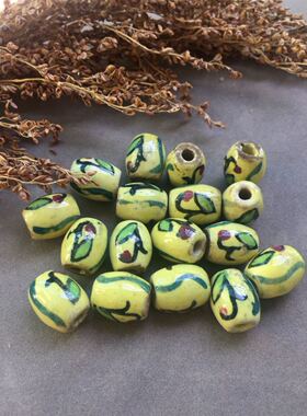 醒走 古珠尼泊尔手工老琉璃黄色桶珠图腾花桶文玩DIY顶珠多宝配件