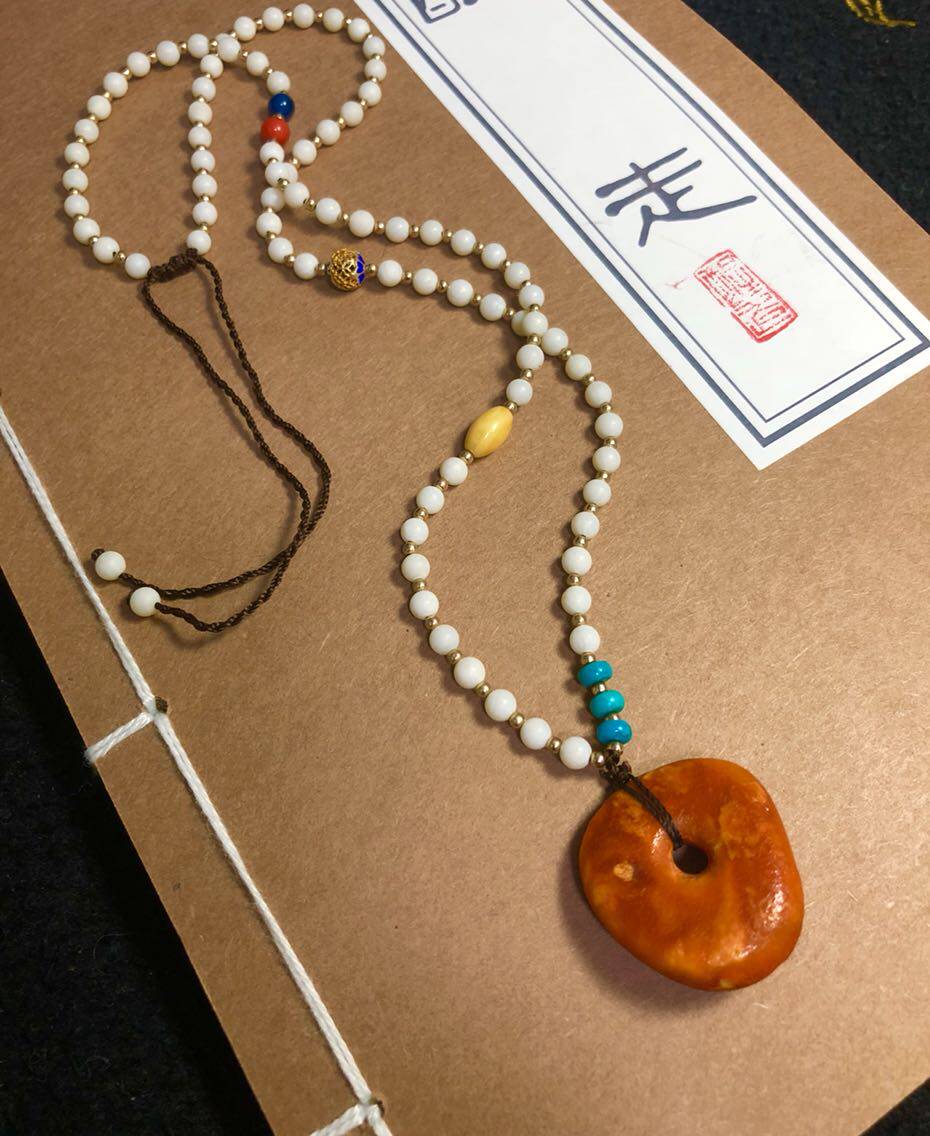 醒走 店主自留款 天然古董传世虎皮老蜜蜡饼子橘红皮老花蜡长项链