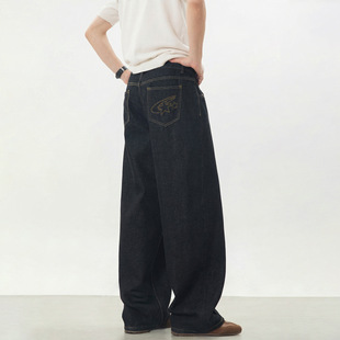 中缝拼接设计复古牛仔裤男春季款撞色明线分割直筒宽松休闲长裤子