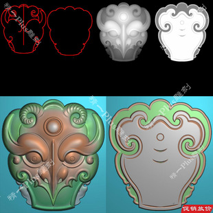 精一jdp格式精雕图901仿古兽面正反面牛头兽头bmp灰度图浮雕刻图