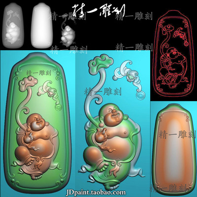 jdp格式精雕图1397福在眼前弥勒佛公拿如意蝙蝠平安牌bmp灰度图