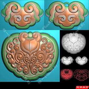 674满工仿古花纹祥云如意长命锁玉雕图精雕图jdp格式灰度浮雕刻图
