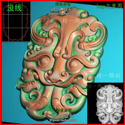 jdp格式A-2707仿古貔貅兽头平安牌玉石木浮精雕图bmp灰度图
