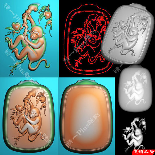 精一pA-777摘桃生肖猴平安无事牌头精雕图jdpbmp灰度浮雕刻图