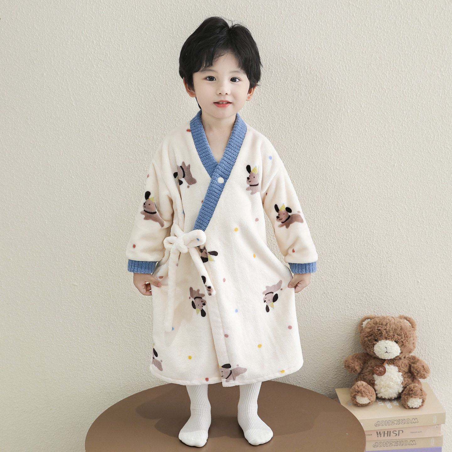 儿童冬季珊瑚绒睡袍男童加厚保暖系带法兰绒卡通印花家居服浴袍