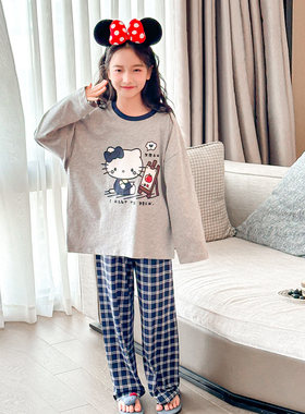 女童HelloKitty卡通睡衣春秋纯棉长袖长裤家居服套装