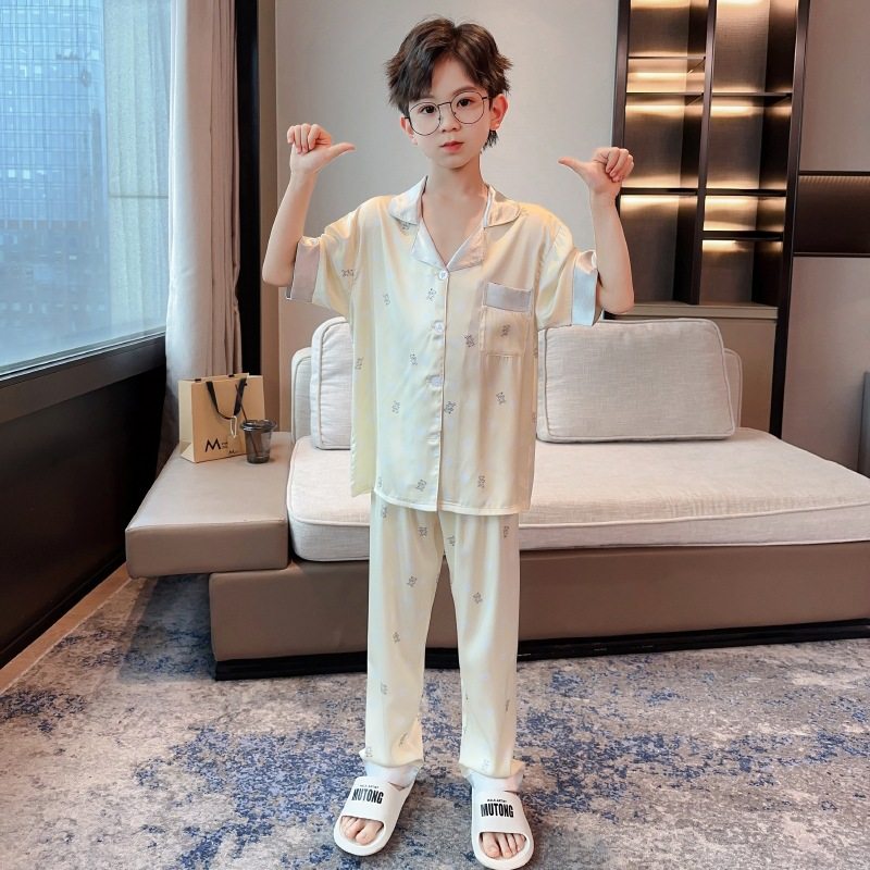 新款男童开衫卡通短袖冰丝家居服三件套儿童睡衣2024年夏季空调服