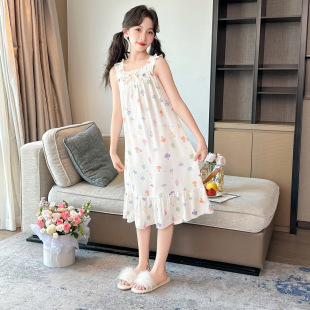 新款女童冰雪丝睡裙夏季吊带裙儿童小女孩中大童冰丝家居服可外穿