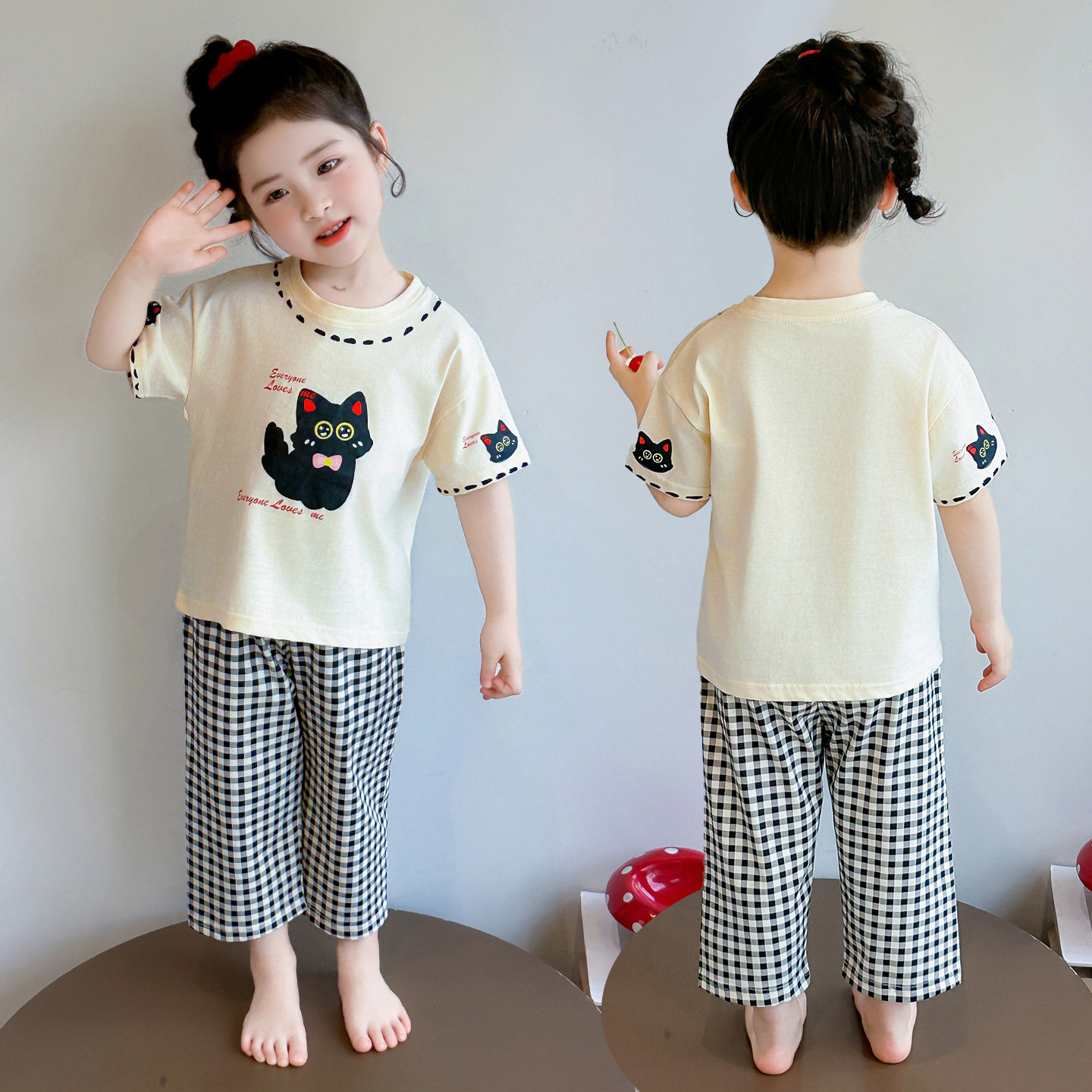 女童卡通猫咪睡衣春季薄款短袖长裤家居服套装可爱