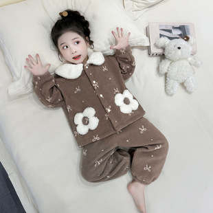儿童睡衣女童法兰绒秋冬季女宝宝粉色可爱花朵开衫套装加厚家居服