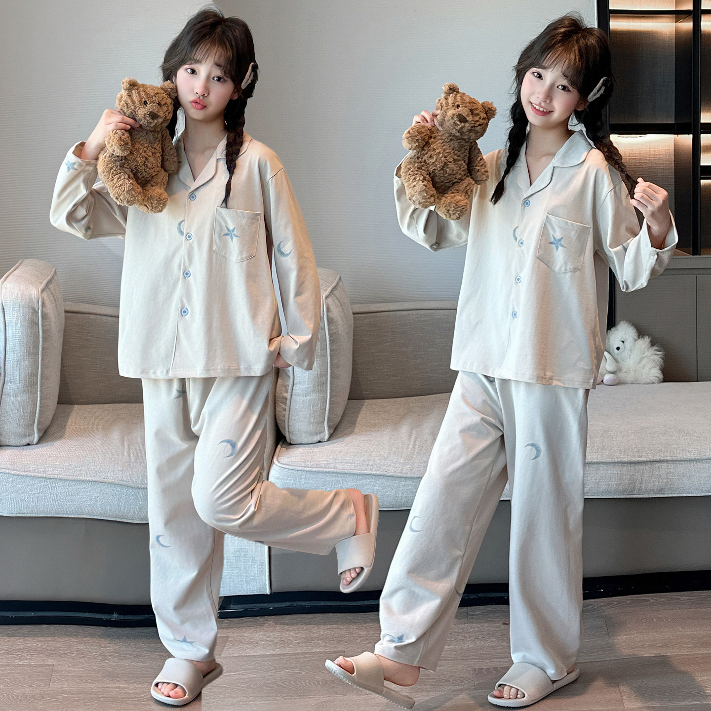 纯棉睡衣女童秋季甜美风翻领长袖长裤家居服套装小个子可外穿