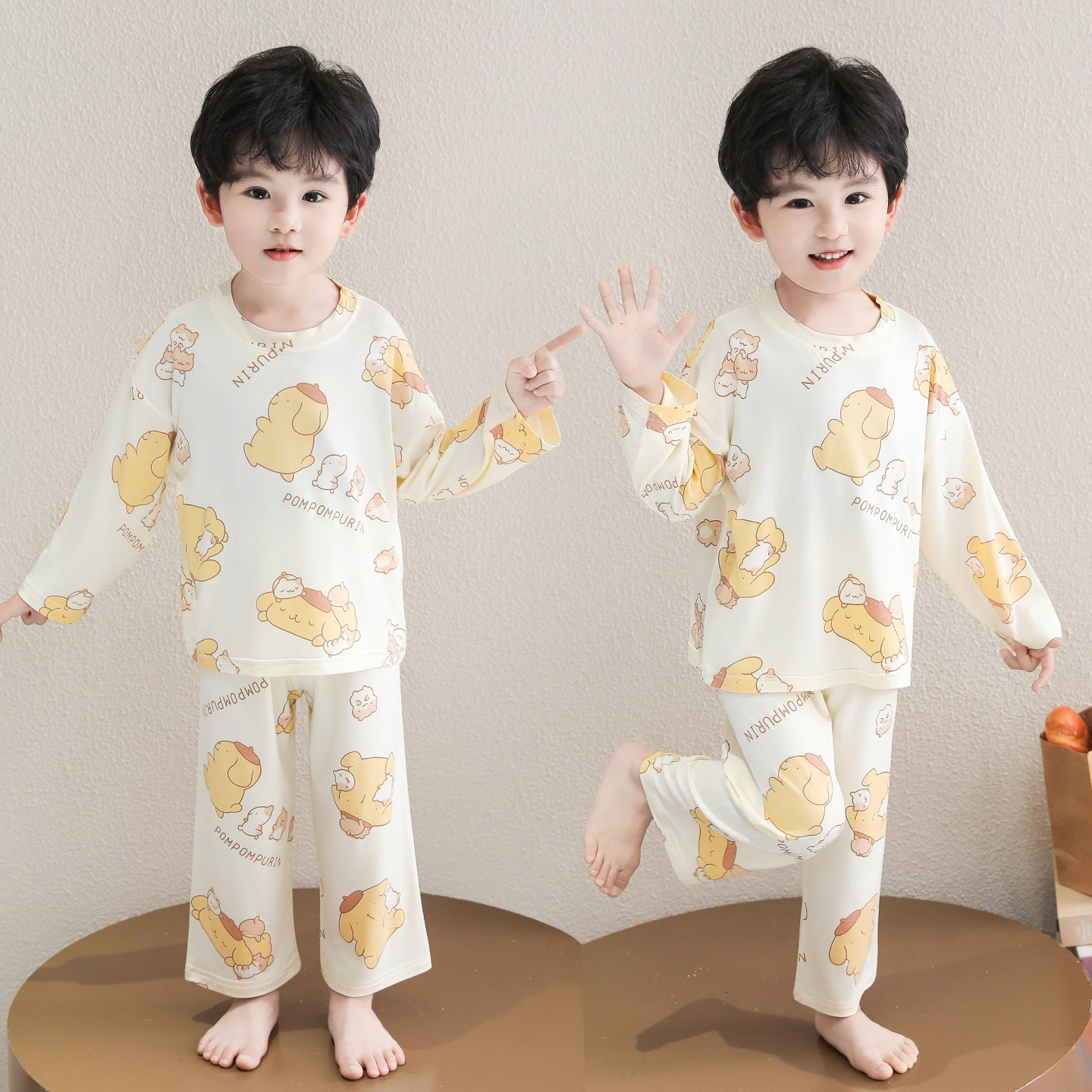 男童卡通小熊睡衣套装长袖长裤宽松休闲家居服空调服莫代尔儿童