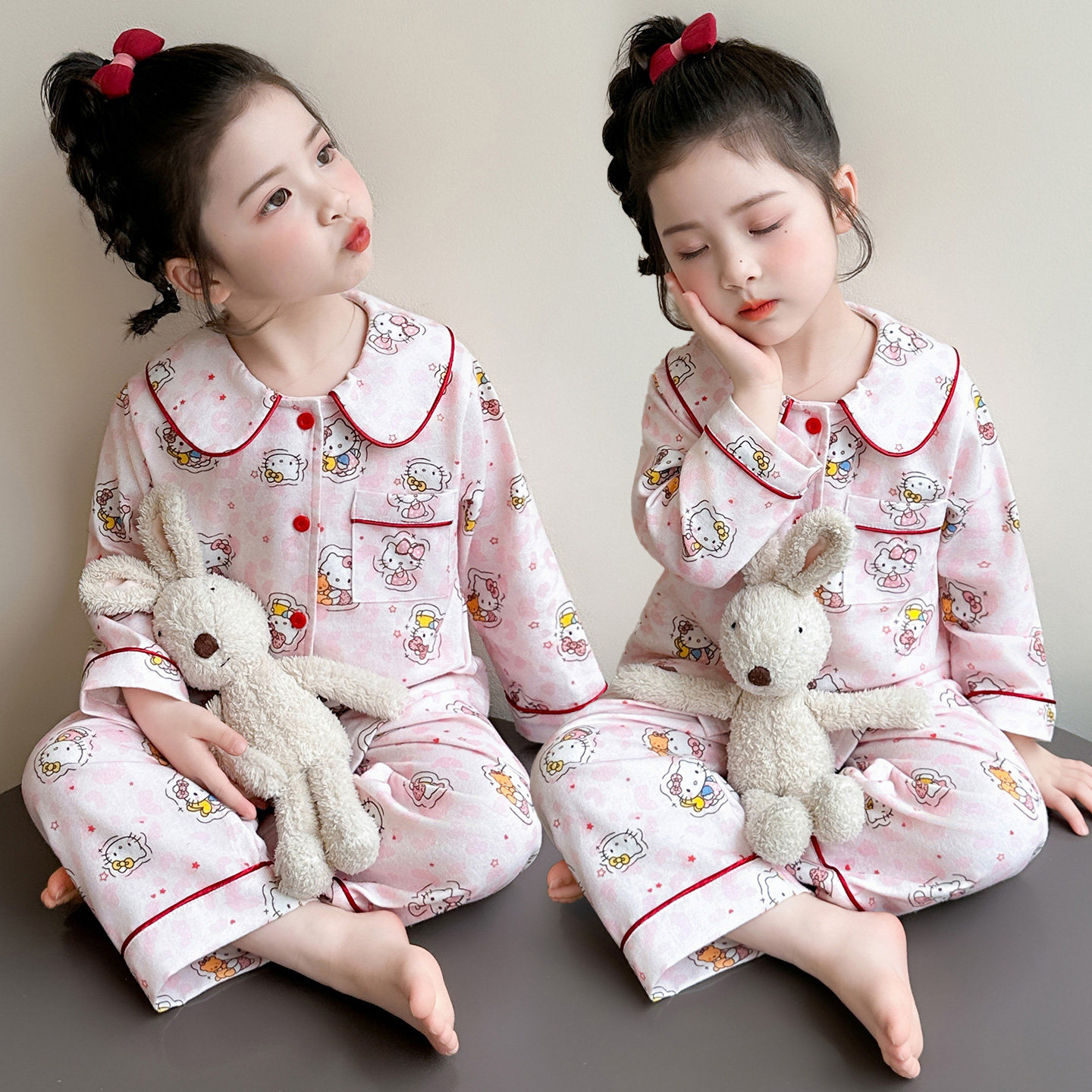 甜美风卡通纯棉睡衣套装女童春季舒适翻领开衫家居服两件套