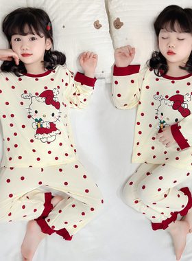 女童卡通Hello Kitty波点睡衣春秋长袖长裤家居服套装可爱