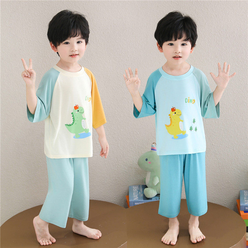 男童卡通恐龙睡衣夏季莫代尔七分袖家居服套装宝宝空调服