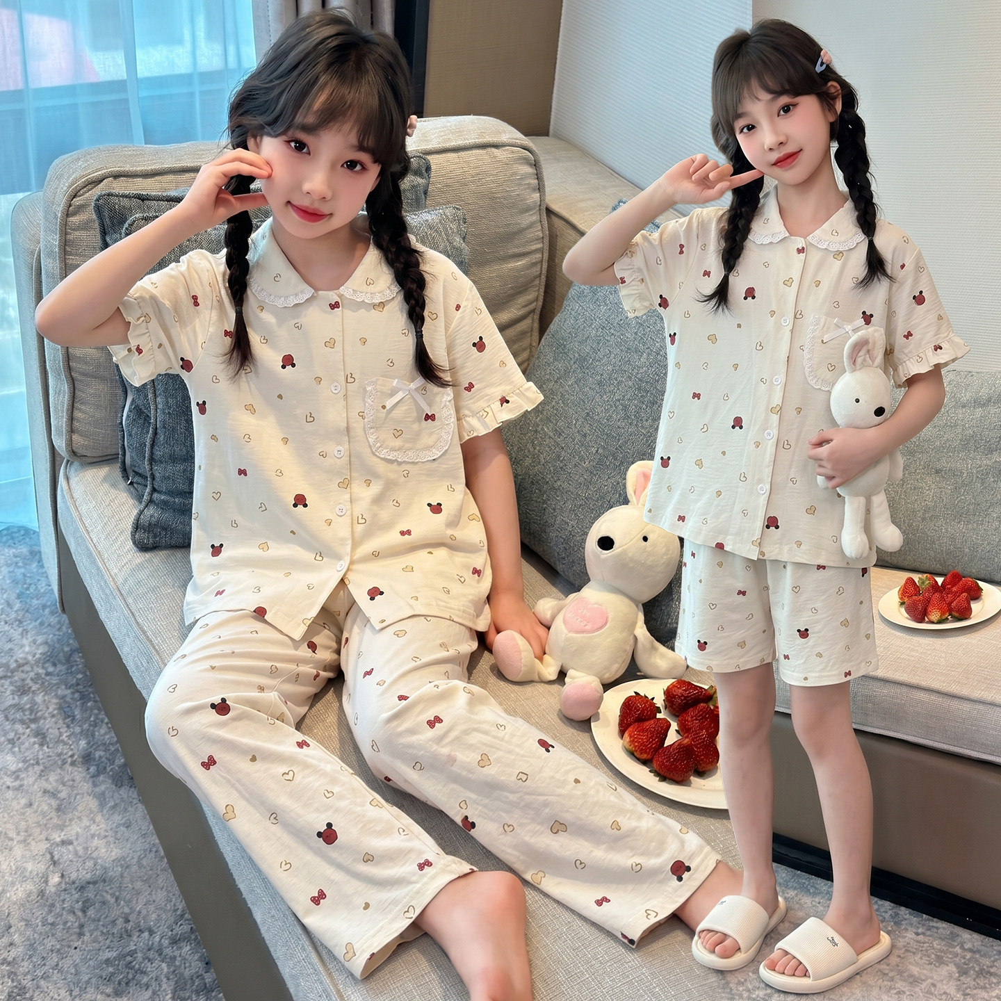 女童夏季薄款卡通透气睡衣三件套