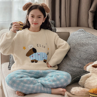睡衣女童秋冬季2025半边绒加绒加厚学生可爱保暖ins风家居服套装