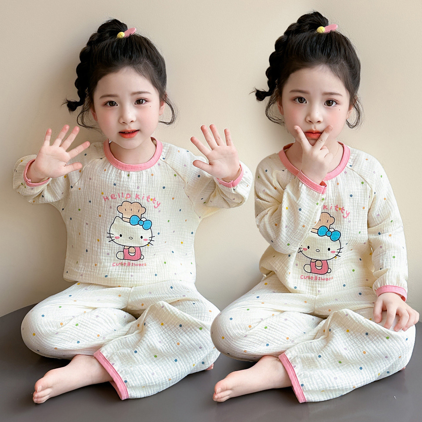 2026年春季新款女童纯棉纱布睡衣家居服套装长袖宽松卡通春秋圆领