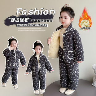 女童珊瑚绒家居服套装秋冬加厚保暖卡通洋气可外穿三层夹棉睡衣