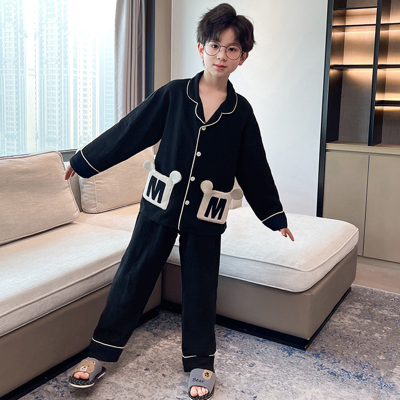 男童纯棉开衫睡衣春秋长袖翻领卡通家居服套装中大童