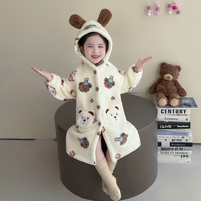 新款女童珊瑚绒睡袍秋冬季加厚2