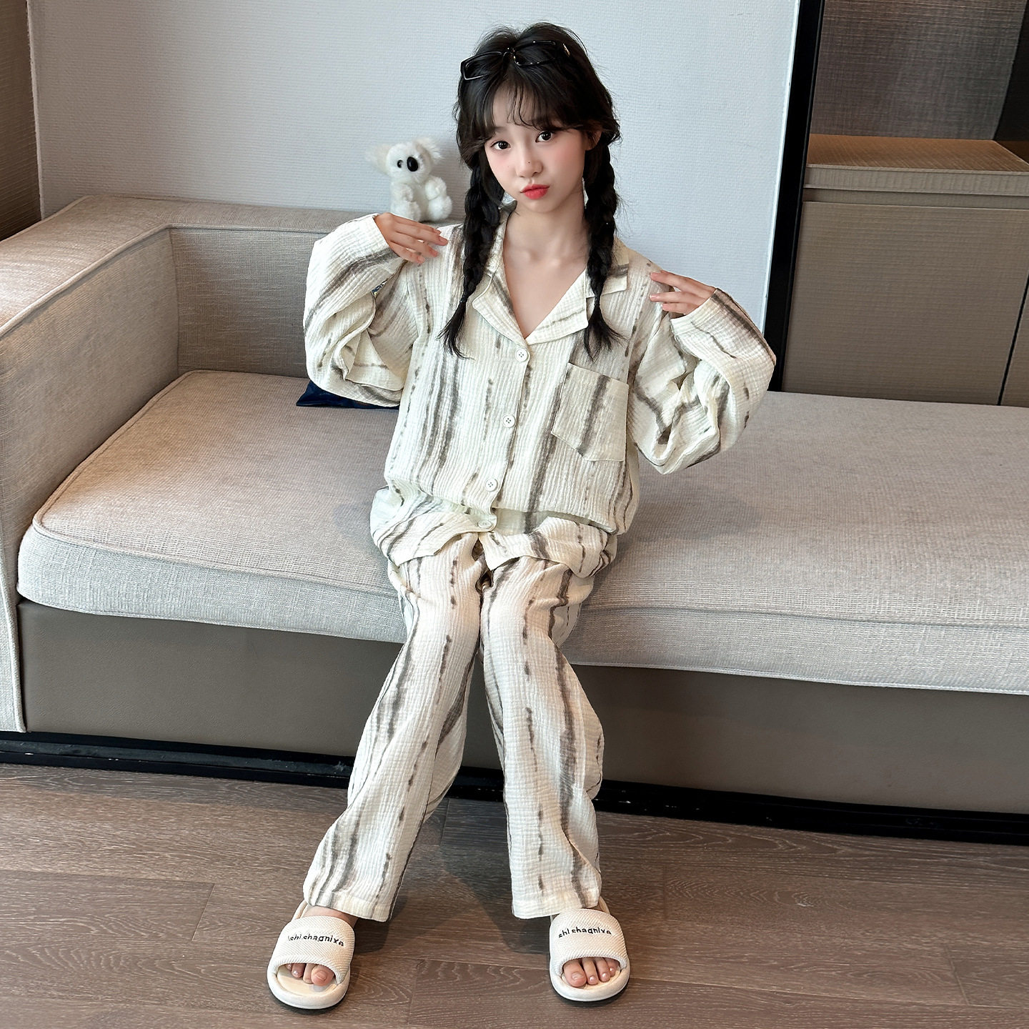 新款儿童纯棉睡衣女孩初中生春秋季棉纱长袖套装2025大女童家居服