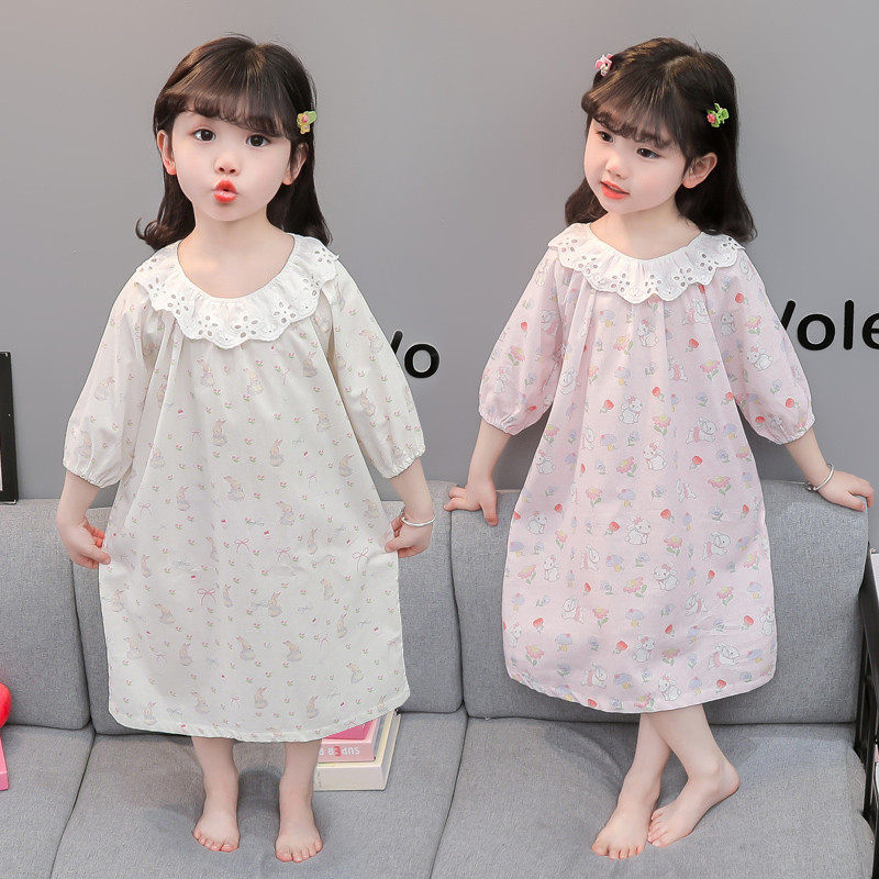 女童睡裙夏季薄款纯棉儿童卡通家居裙女孩宝宝七分袖空调服连衣裙