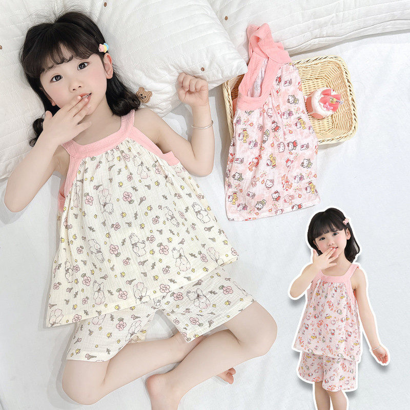 女童睡衣套装2025新品纯棉吊带裙春款卡通小兔韩版款家居服两件套