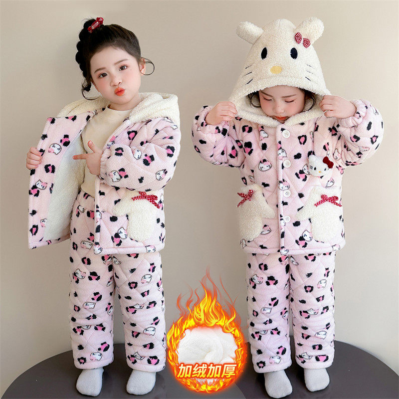 女童小猫卡通加绒加厚睡衣套装冬季连帽家居服两件套三层保暖棉衣