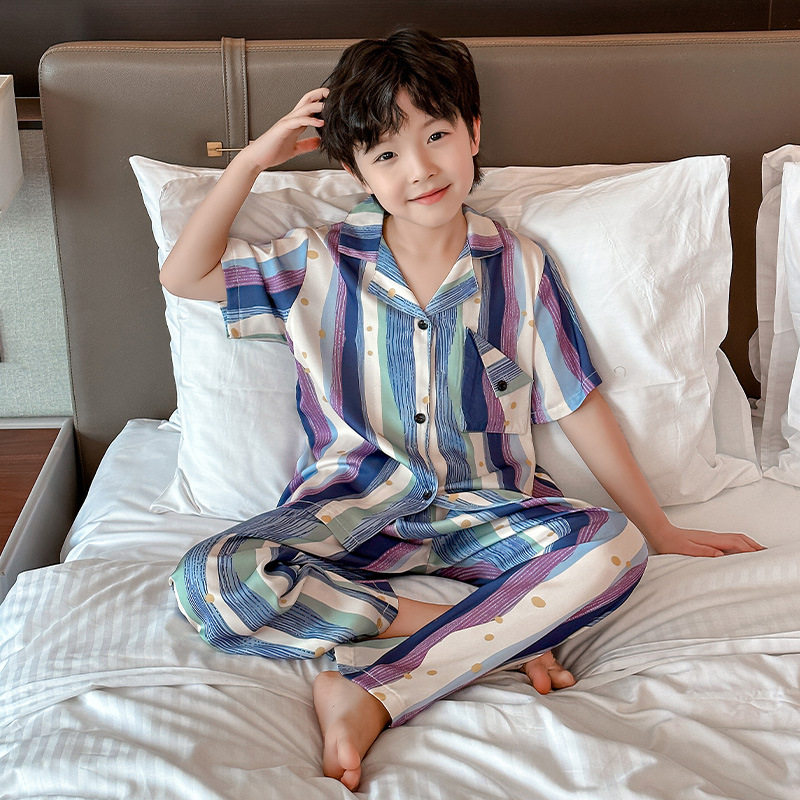 2025夏季男童睡衣条纹休闲宽松短袖三件套可外穿家居服家居服套装