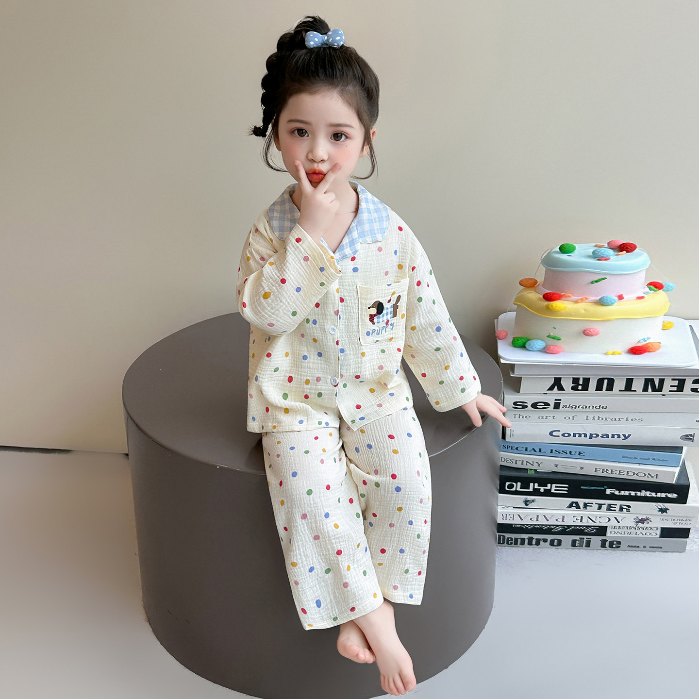 女童纯棉纱长袖开衫家居服套装