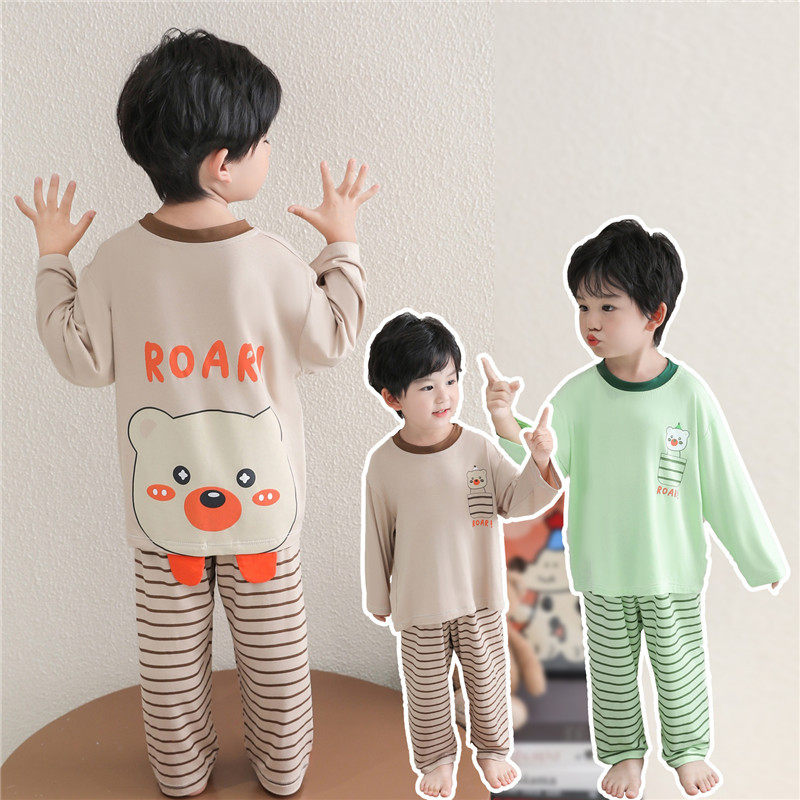 新款儿童睡衣男孩2025莫代尔夏季薄款男宝宝长袖空调服男童家居服