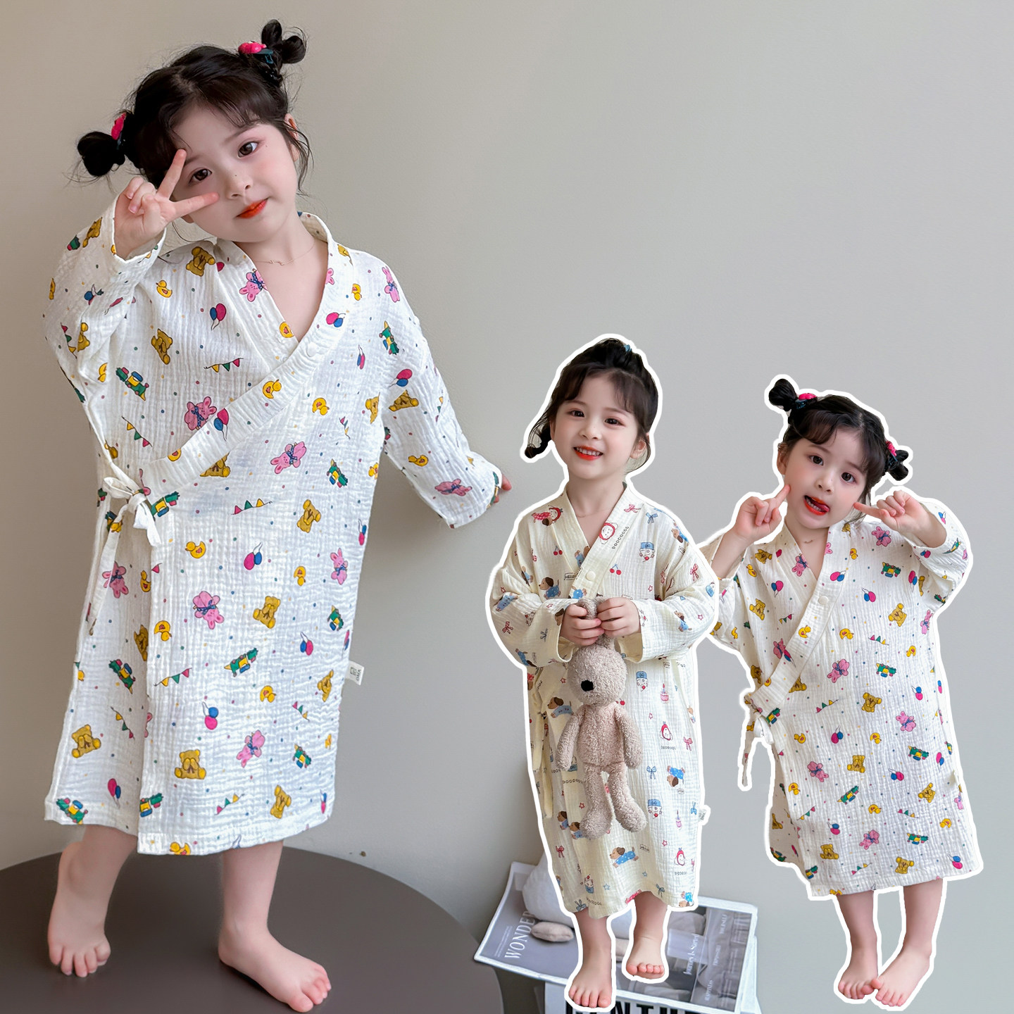 女童四季通用棉纱家居服儿童卡通睡袍浴袍中小童新品睡衣