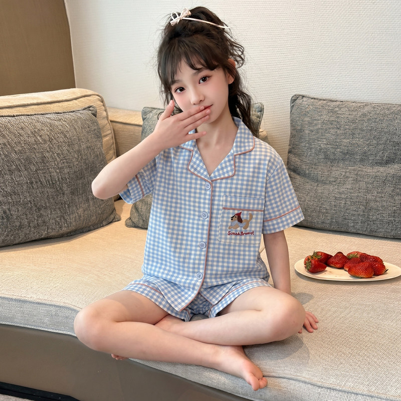 女童夏季薄款格子家居服三件套