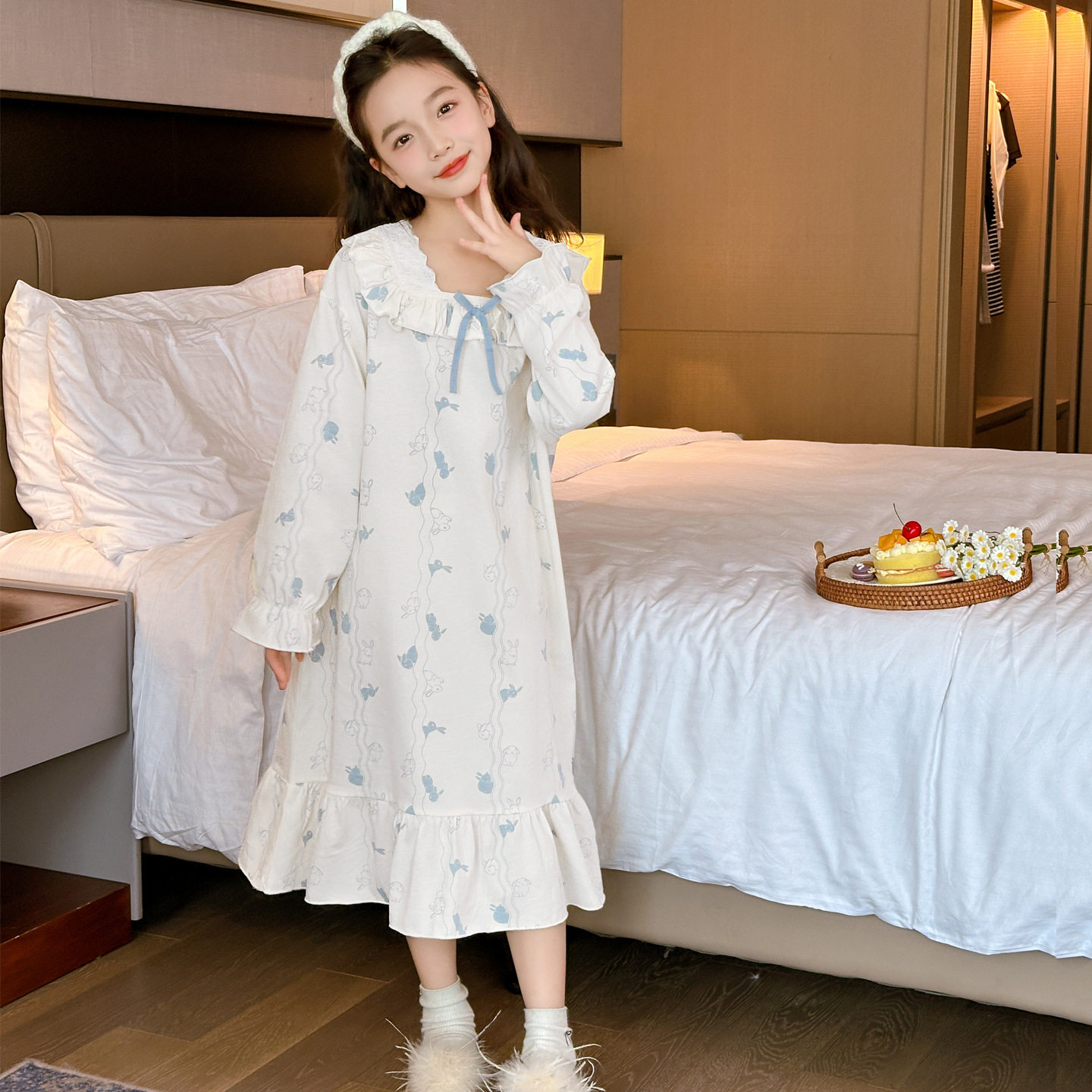 新款儿童睡衣女童睡裙长袖春秋季2025年大童女孩纯棉公主风家居裙