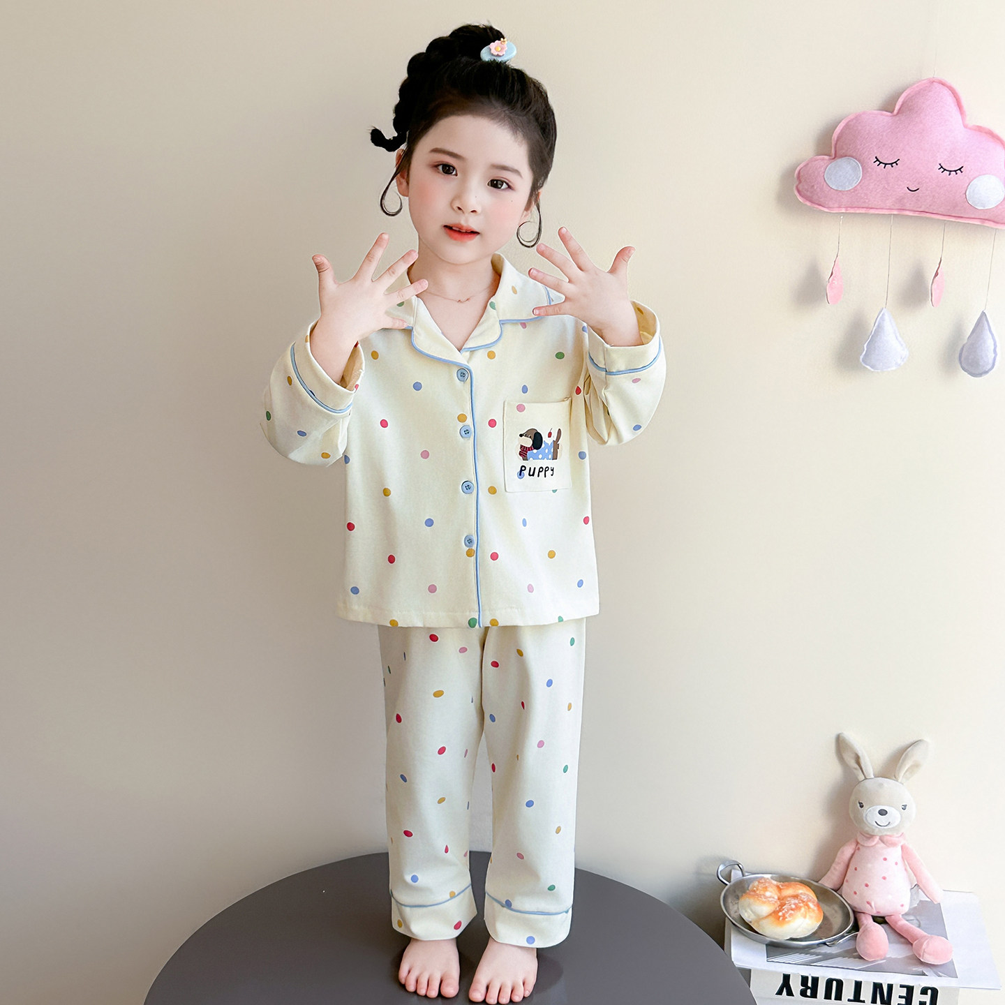 女童纯棉波点睡衣套装春季长袖翻领开衫宽松家居服