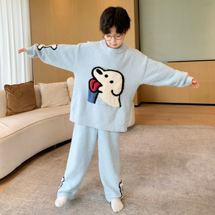 儿童装男童睡衣冬季家居服加绒大童男孩加厚秋冬款半边绒可外穿潮