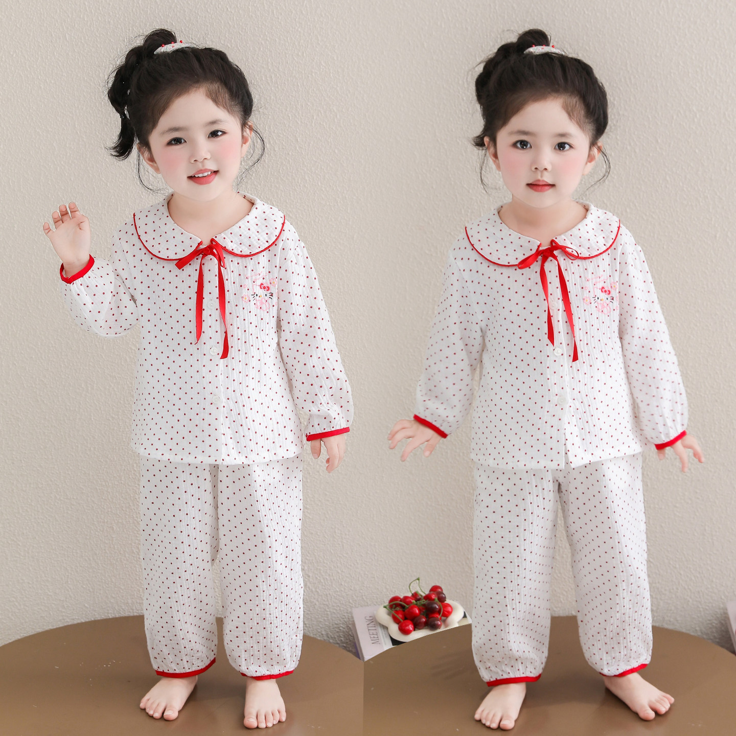 女童甜美风波点娃娃领睡衣套装春季纯棉舒适家居服两件套