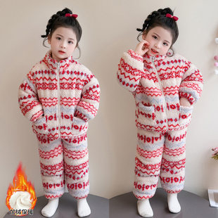 新年款女童民族风加绒套装冬季保暖毛毛两件套2025新款长袖拉链
