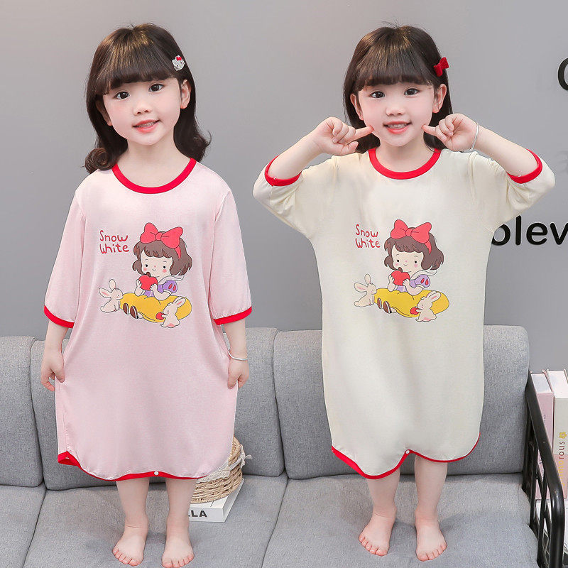 女童莫代尔睡裙夏季薄款女孩睡衣宝宝夏款一粒扣睡袍儿童家居服
