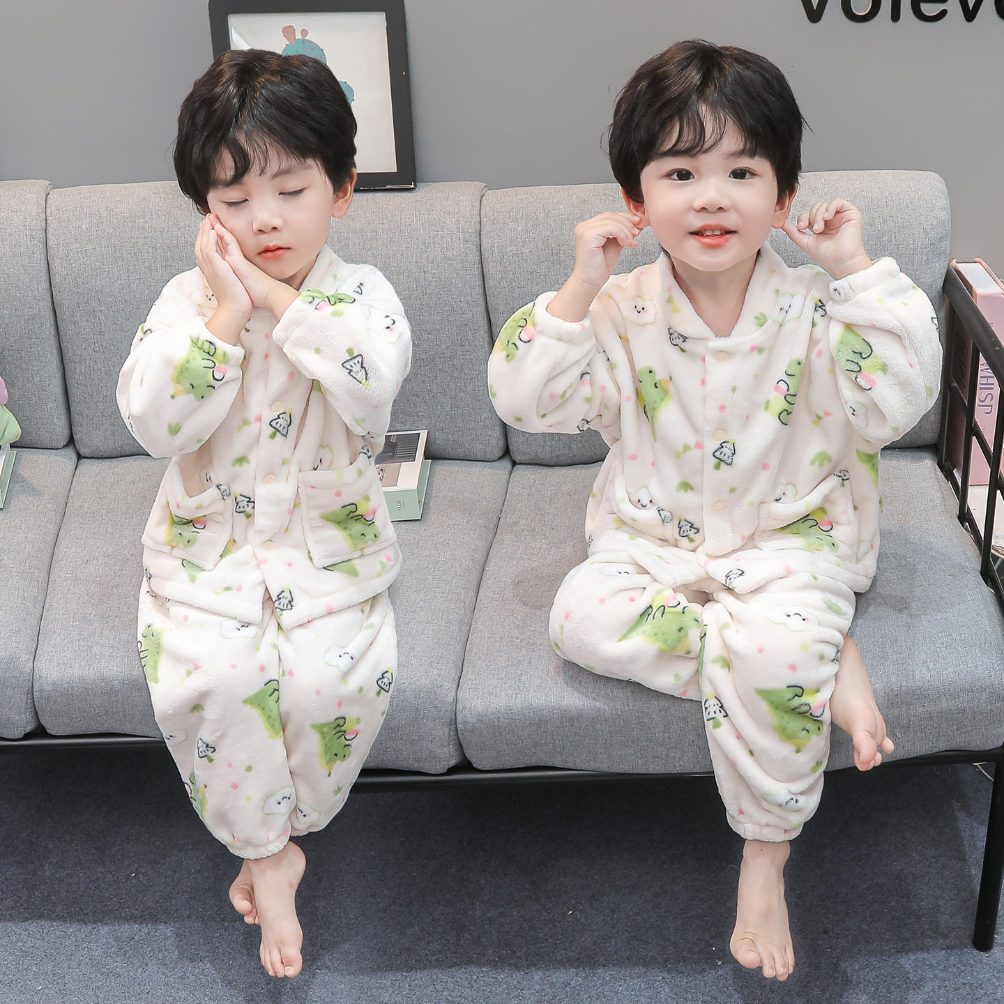 男童法兰绒儿童开衫睡衣秋冬季宝宝加厚家居服卡通可爱恐龙小男孩