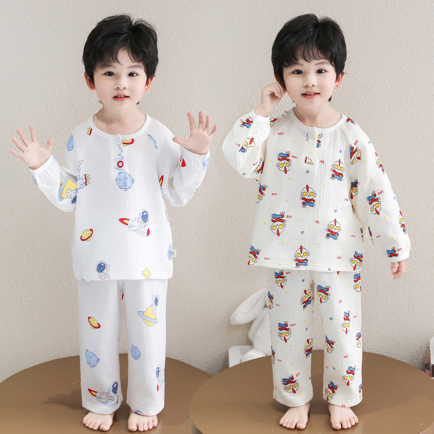 春秋季男童纯棉卡通家居服套装分体式薄款透气睡衣