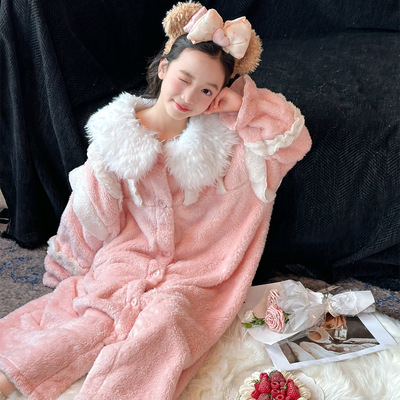 新款女童珊瑚绒睡袍冬2025儿童女